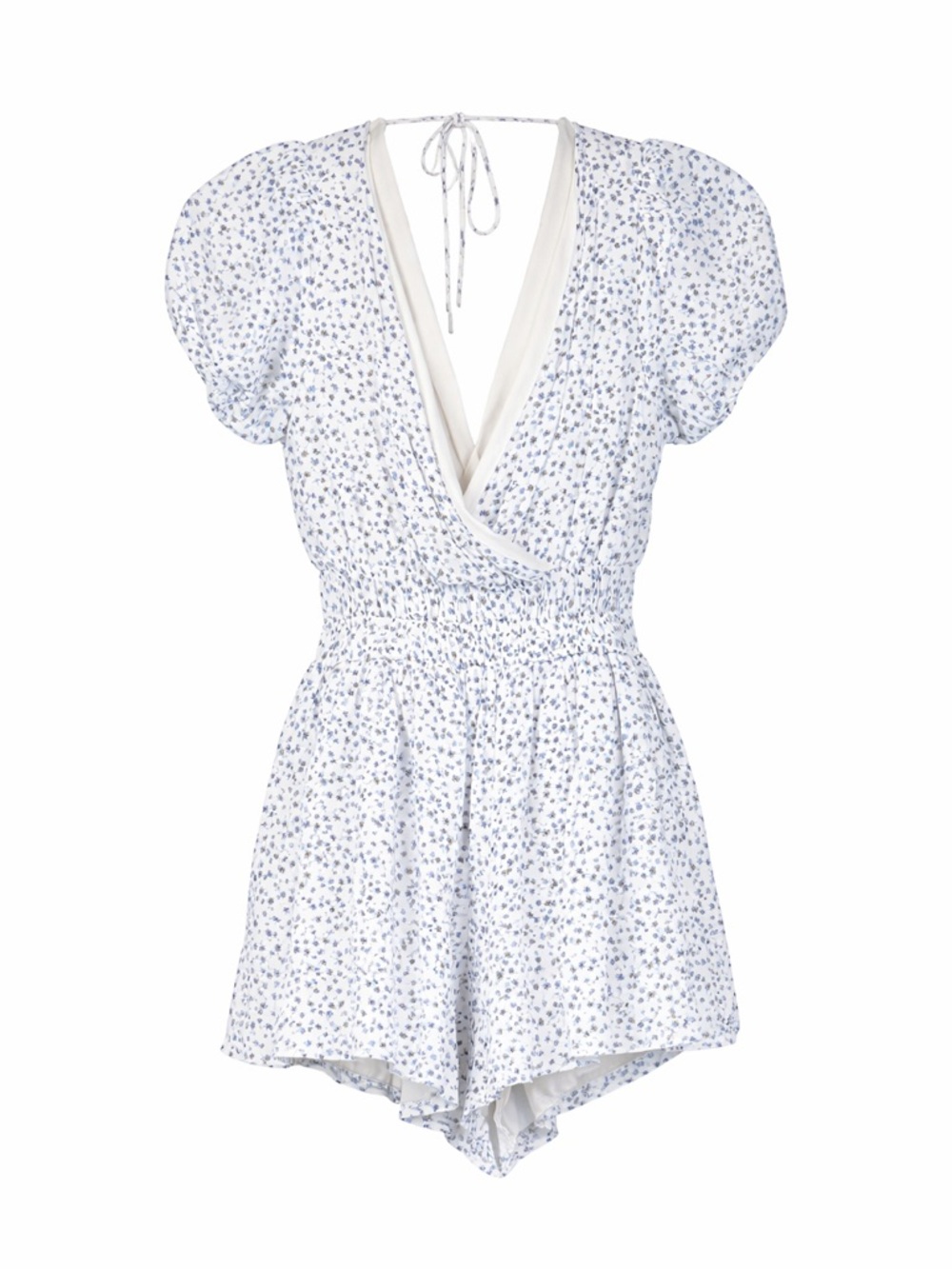 Altar'd State Floral Romper XS White Purple Ditsy Puff Sleeve V-Neck Smocked